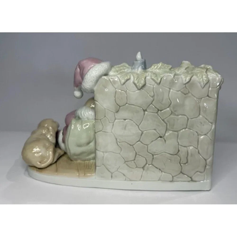 Porcelain Santa Fireplace Figurine Sleeping Dog Christmas Mantel Decor Vintage